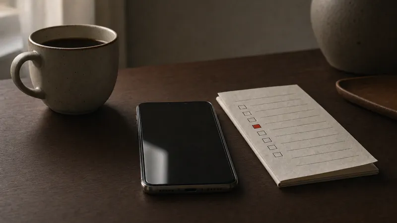 Smartphone auf einem Holztisch neben einer Tasse Kaffee und einer Checkliste mit einem roten Häkchen