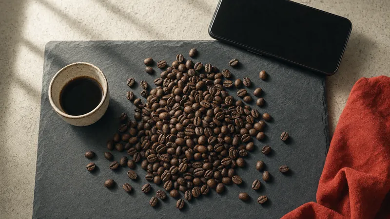 Kaffeebohnen auf einer Schieferplatte, eine kleine Tasse und ein Smartphone, das die Szene von oben aufnimmt, eine rote Serviette am Rand