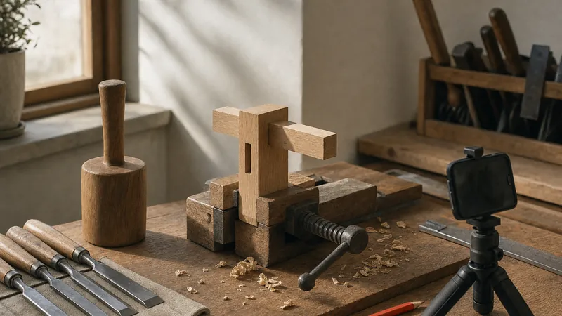 Aufgeräumte Werkbank mit einem eingespannten Holzstück, Stechbeiteln und einem Smartphone auf einem Mini-Stativ, daneben ein roter Bleistift