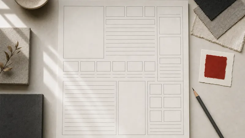 Leerer Steckbrief aus Kästchen und Linien auf hellem Papier, daneben Stoffmuster, eine rote Farbkarte und ein Bleistift