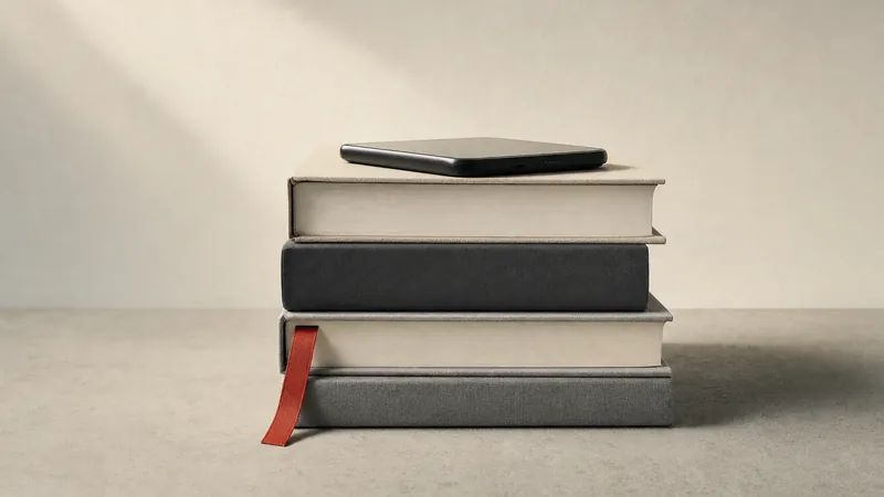 Stapel schlichter Bücher ohne Titel in Graphit und Hellgrau, obenauf ein Smartphone, ein rotes Lesebändchen hängt heraus
