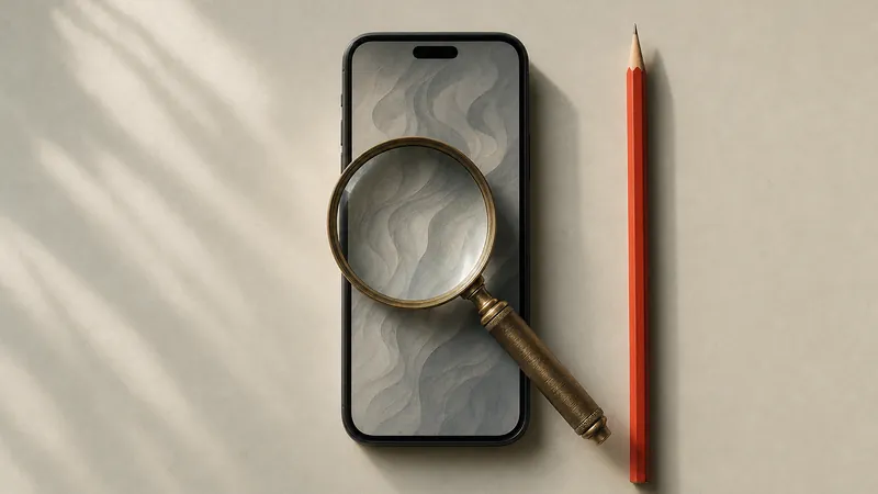 Messinglupe über einem Smartphone-Bildschirm mit abstraktem grauem Muster, daneben ein roter Bleistift