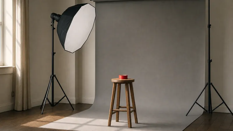 Leere Studioecke mit großer Softbox, Lichtstativ, grauem Hintergrundpapier und einem Hocker mit roter Klebebandrolle