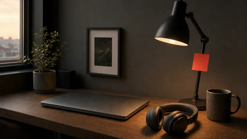 Abendlicher Schreibtisch mit zugeklapptem Laptop, Kopfhörern, Tasse und Schreibtischlampe mit rotem Notizzettel