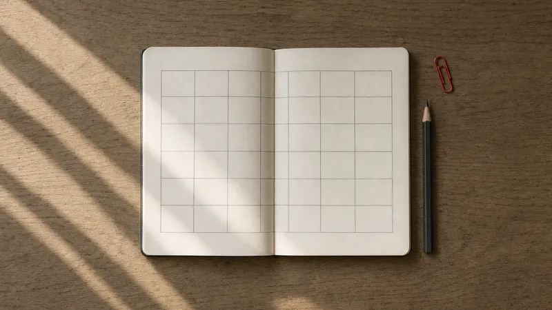 Aufgeschlagenes Notizbuch mit einem leeren, von Hand gezeichneten Raster wie ein Wochenplan, daneben Bleistift und rote Büroklammer