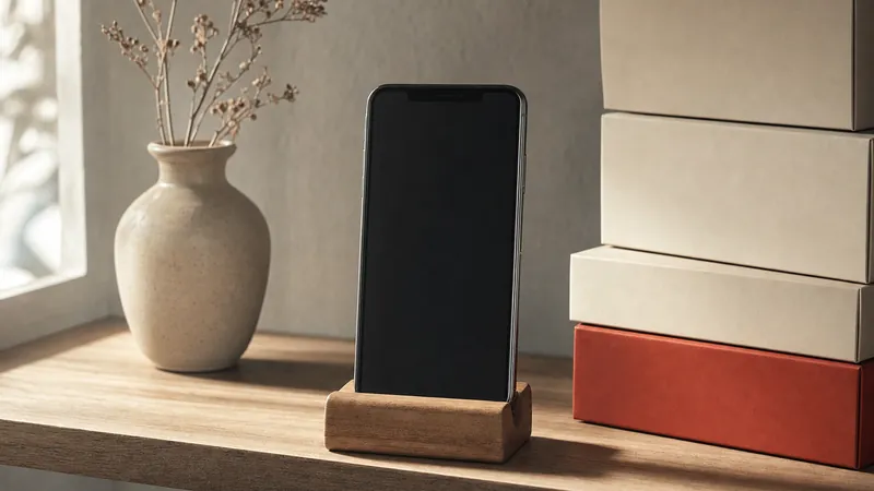 Smartphone in einem hölzernen Handyständer auf einem Regal neben gestapelten Schachteln ohne Beschriftung, eine davon rot