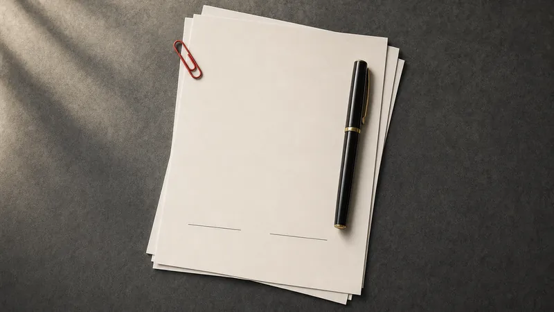 Leere Seiten mit Unterschriftslinien, ein geschlossener Füller und eine rote Büroklammer auf einem dunklen Schreibtisch